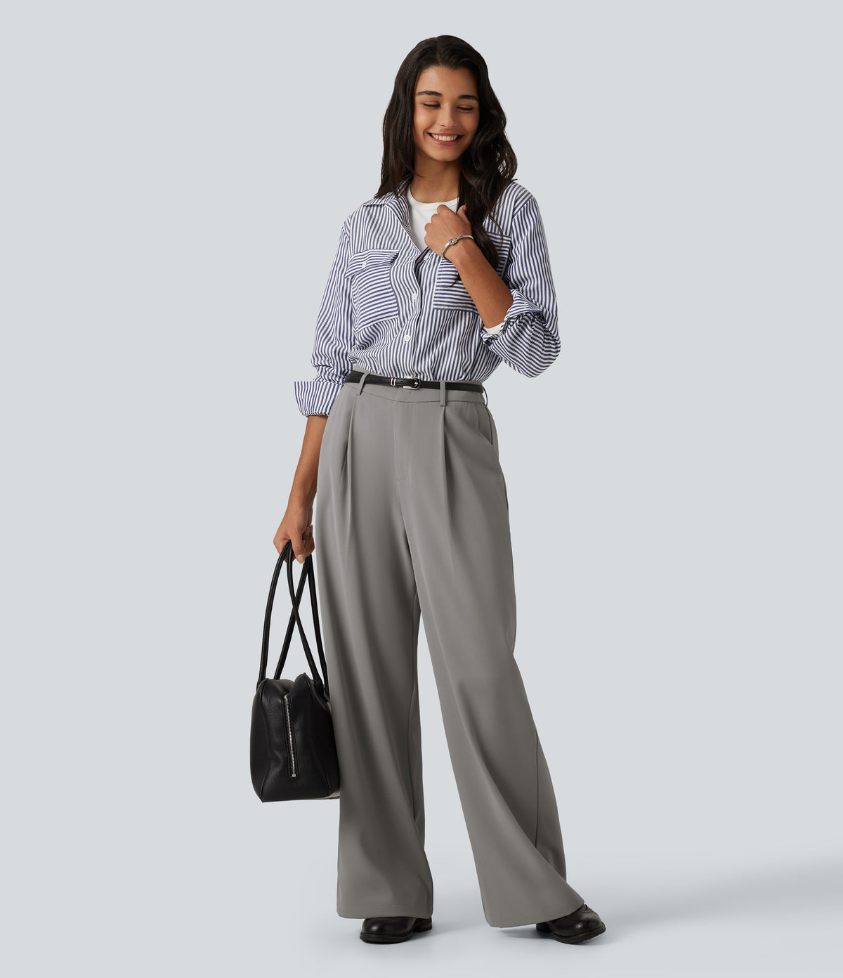 High Waisted Wide Leg Baggy Work Trousers with Pockets — Debonair Gray — view 7