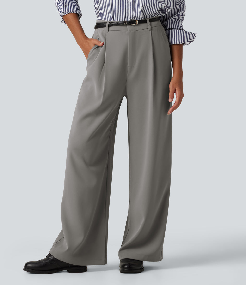 High Waisted Wide Leg Baggy Work Trousers with Pockets — Debonair Gray — view 4
