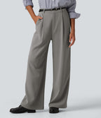 High Waisted Wide Leg Baggy Work Trousers with Pockets — Debonair Gray — view 4