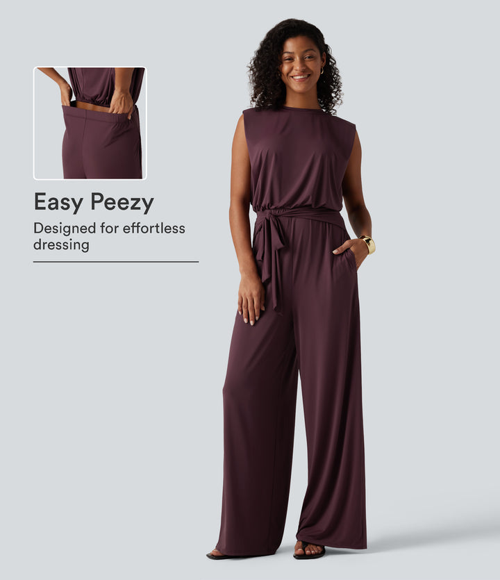 Round Neck Sleeveless Tie Front InstantCool Casual Jumpsuit with Pockets-Edition-UPF50+ — Fig — view 1