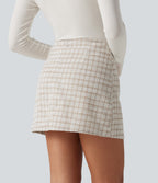 High Waisted 2-in-1 A-Line Plaid Mini Work Skirt — Hazelnut Plaid — view 2