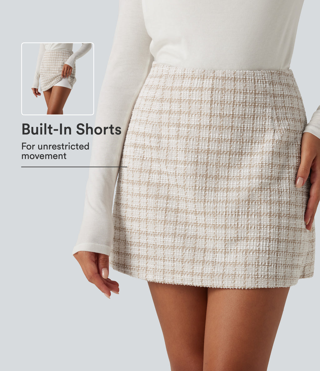 High Waisted 2-in-1 A-Line Plaid Mini Work Skirt — Hazelnut Plaid — view 1