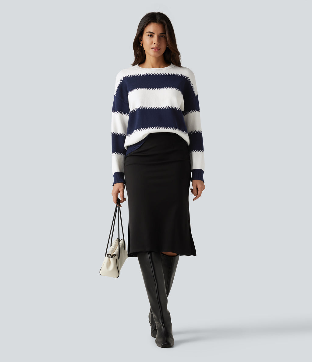 Round Neck Long Sleeve Stripe Casual Jumper — Varsity Blue — view 6