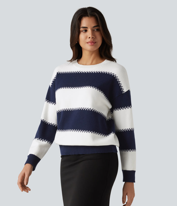 Round Neck Long Sleeve Stripe Casual Jumper — Varsity Blue — view 1