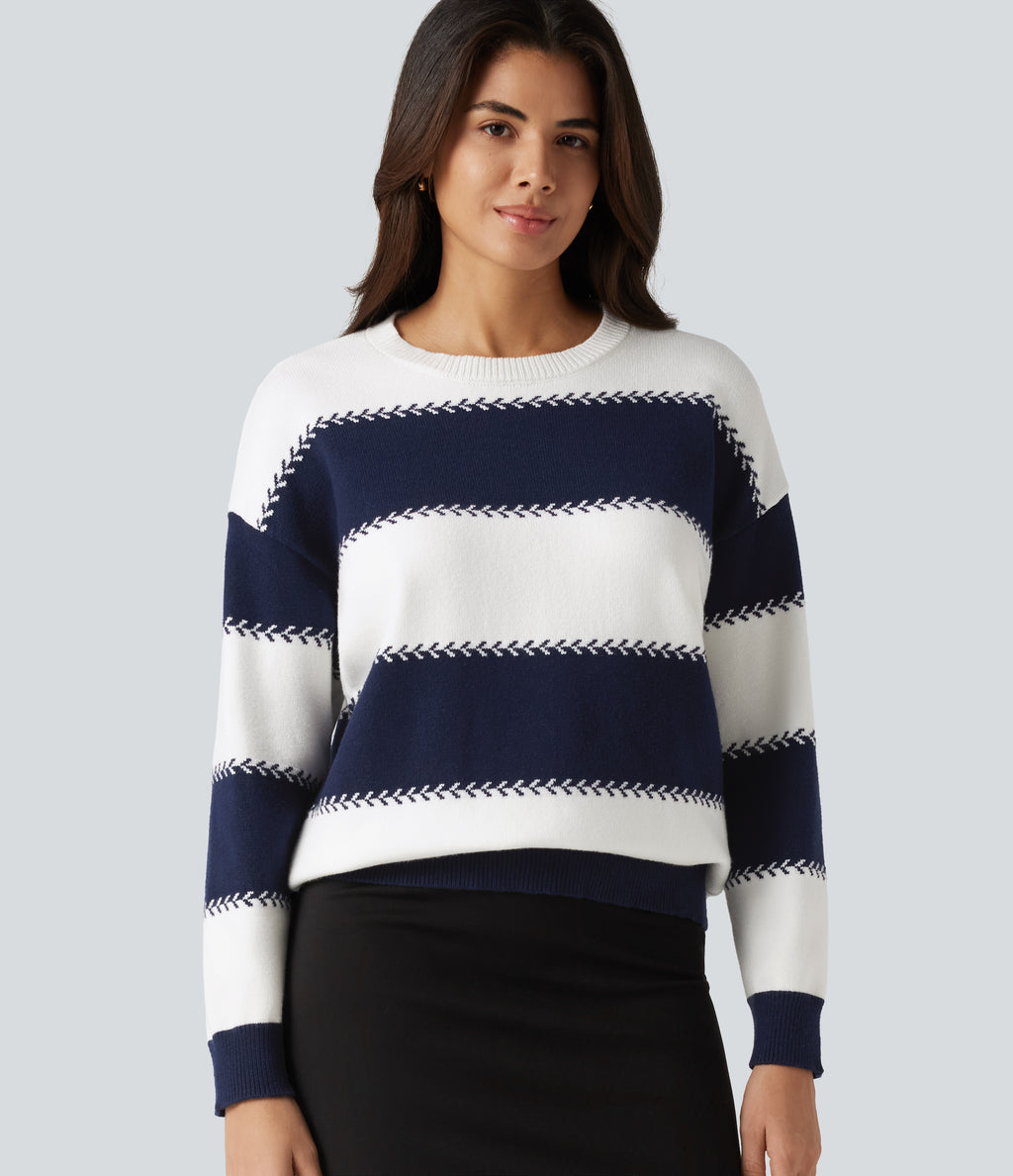Round Neck Long Sleeve Stripe Casual Jumper — Varsity Blue — view 4
