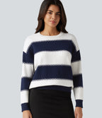 Round Neck Long Sleeve Stripe Casual Jumper — Varsity Blue — view 4