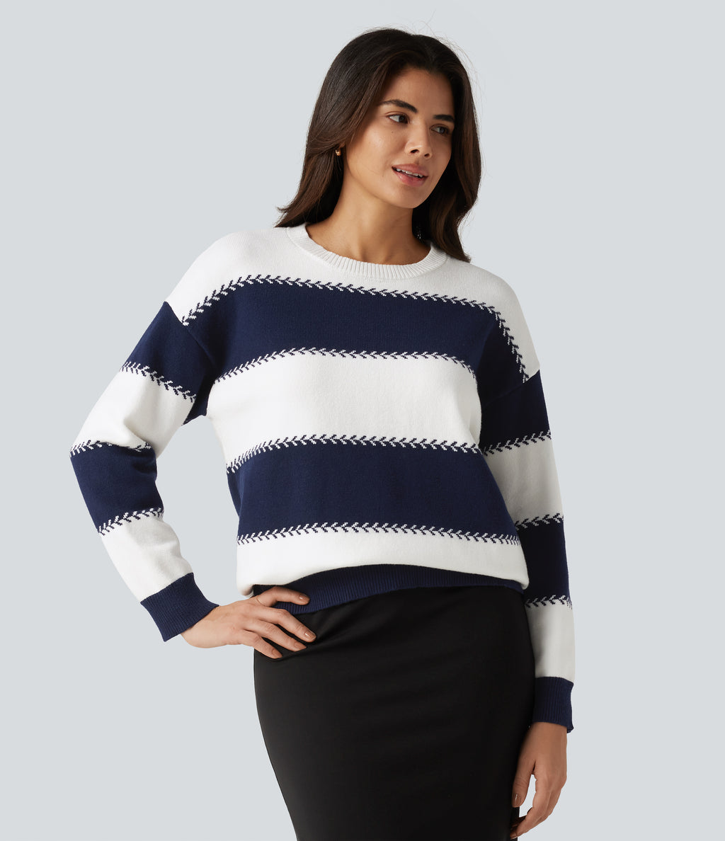 Round Neck Long Sleeve Stripe Casual Jumper — Varsity Blue — view 3