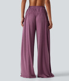 Mid Rise Flat Waist Baggy Oversized Yoga Trousers with Pockets — Red Violet Floral Yarn — view 2