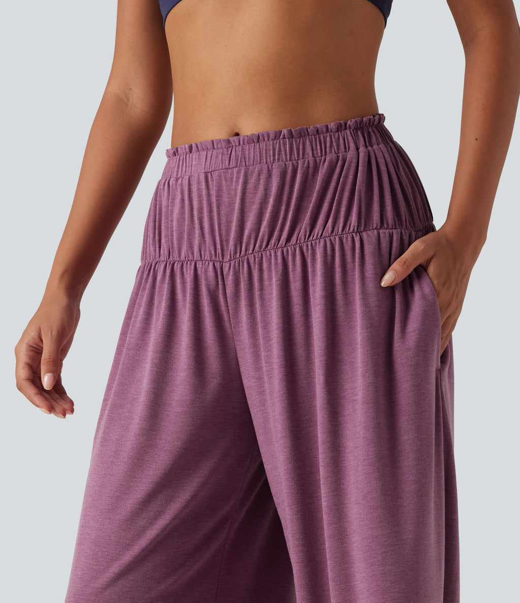 Mid Rise Flat Waist Baggy Oversized Yoga Trousers with Pockets — Red Violet Floral Yarn — view 4