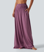 Mid Rise Flat Waist Baggy Oversized Yoga Trousers with Pockets — Red Violet Floral Yarn — view 3