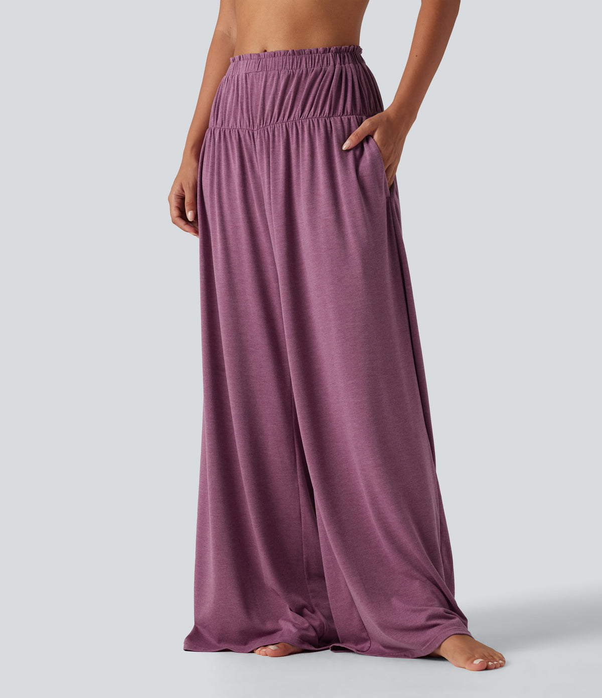 Mid Rise Flat Waist Baggy Oversized Yoga Trousers with Pockets — Red Violet Floral Yarn — view 3