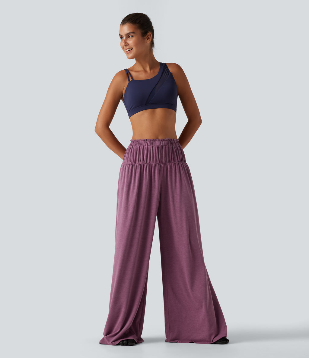 Mid Rise Flat Waist Baggy Oversized Yoga Trousers with Pockets — Red Violet Floral Yarn — view 6