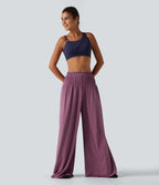 Mid Rise Flat Waist Baggy Oversized Yoga Trousers with Pockets — Red Violet Floral Yarn — view 6
