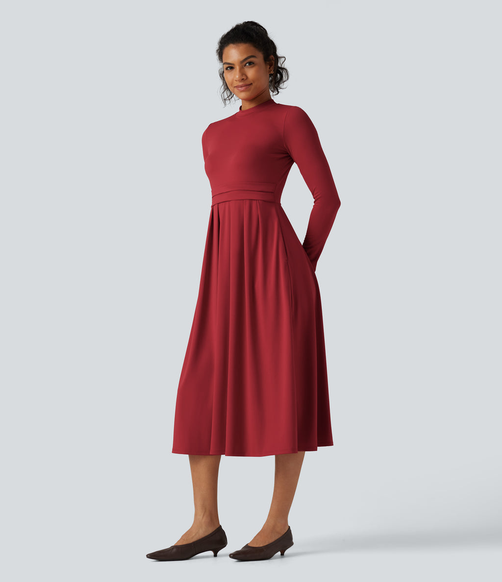 Mock Neck Ruched Long Sleeve Midi Casual Dress with Pockets — Emboldened — view 4