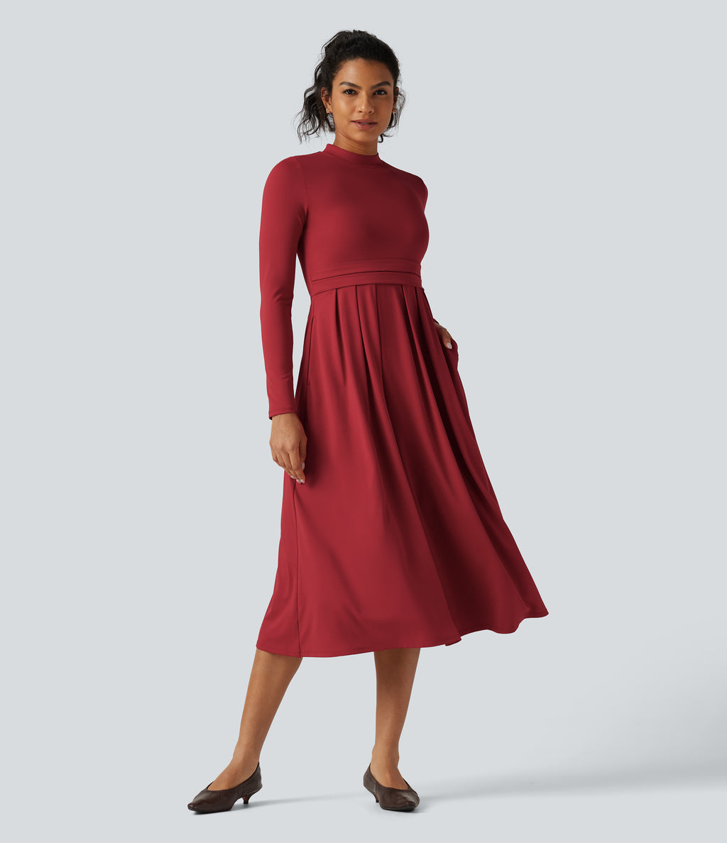 Mock Neck Ruched Long Sleeve Midi Casual Dress with Pockets — Emboldened — view 8