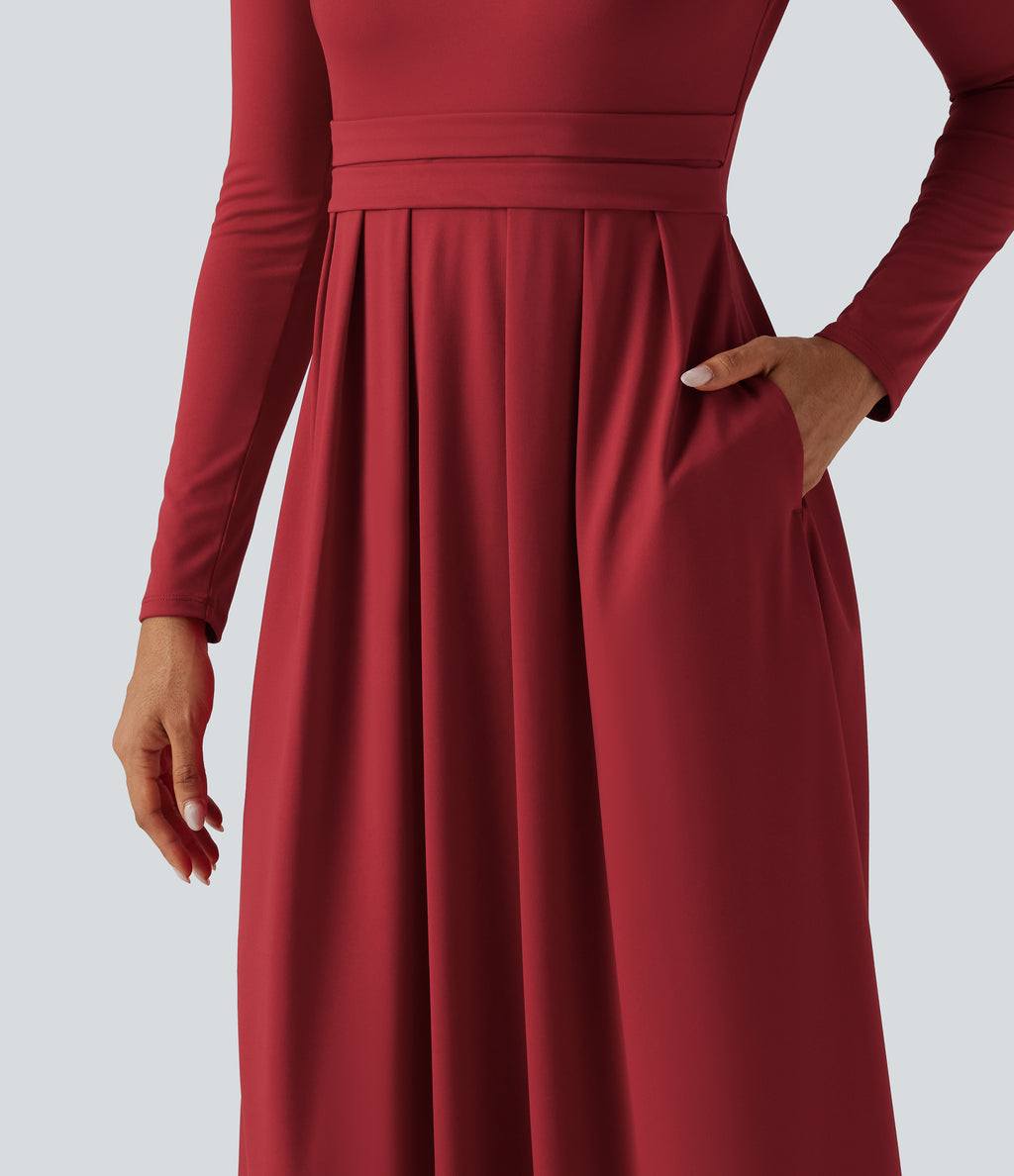 Mock Neck Ruched Long Sleeve Midi Casual Dress with Pockets — Emboldened — view 5