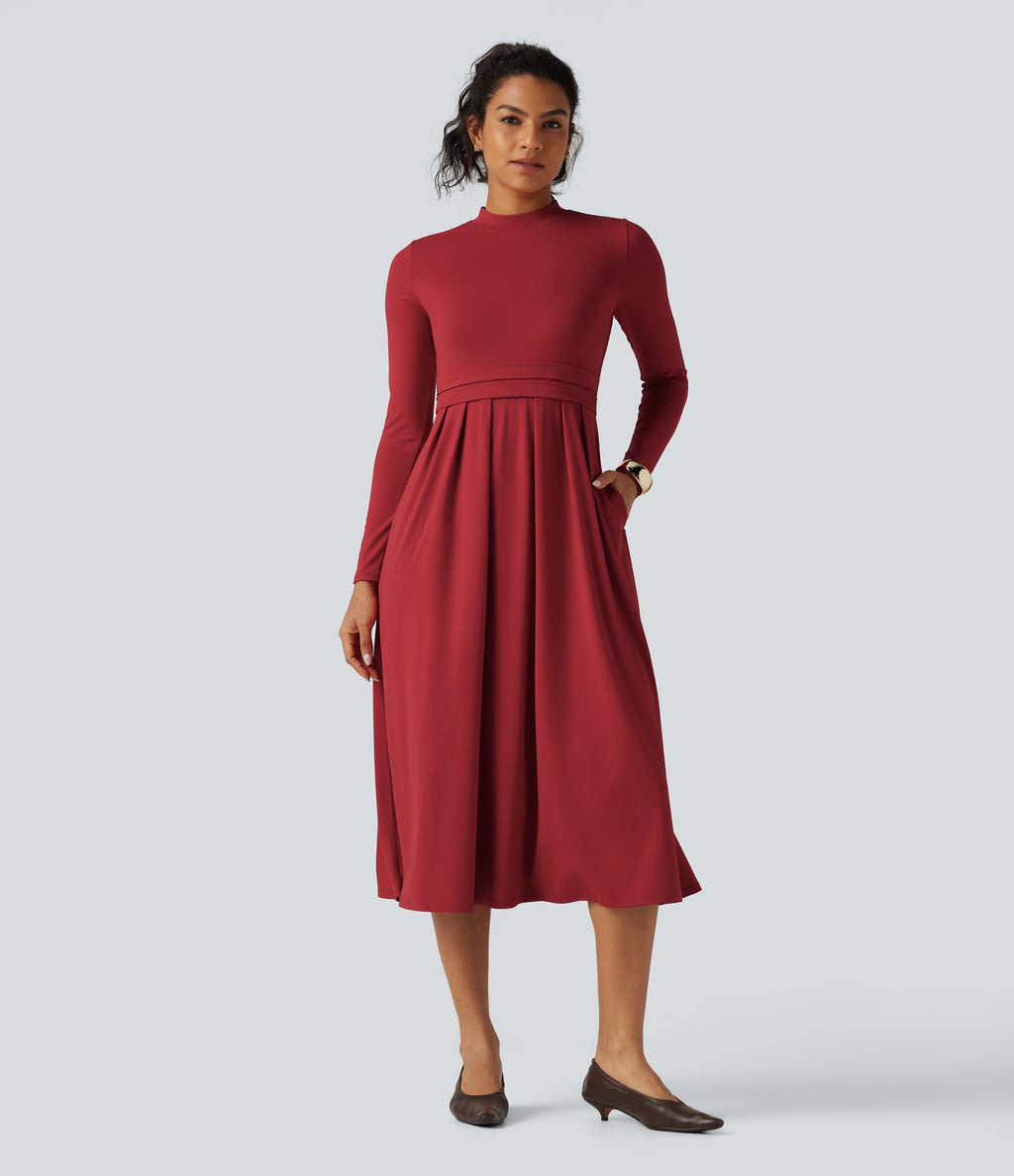 Mock Neck Ruched Long Sleeve Midi Casual Dress with Pockets — Emboldened — view 1