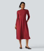 Mock Neck Ruched Long Sleeve Midi Casual Dress with Pockets — Emboldened — view 1