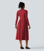 Mock Neck Ruched Long Sleeve Midi Casual Dress with Pockets — Emboldened — view 3
