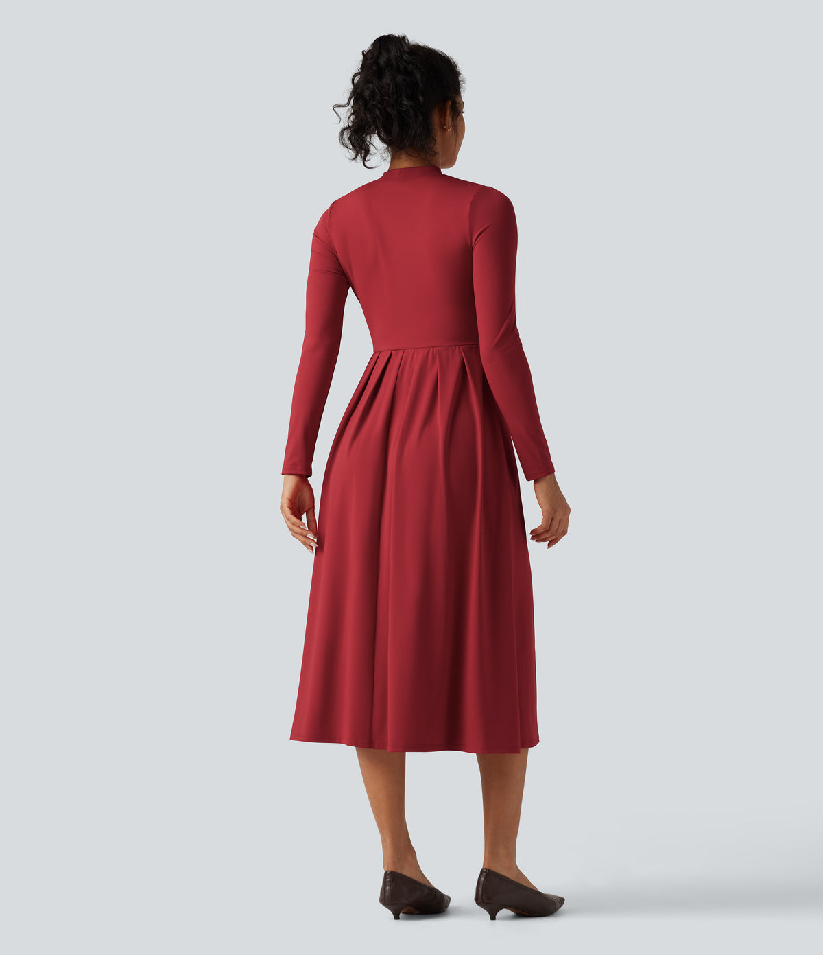 Mock Neck Ruched Long Sleeve Midi Casual Dress with Pockets — Emboldened — view 3