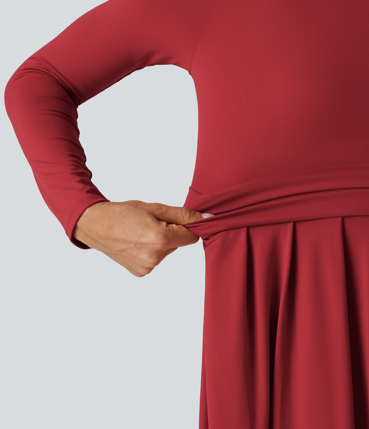 Mock Neck Ruched Long Sleeve Midi Casual Dress with Pockets — Emboldened — view 7