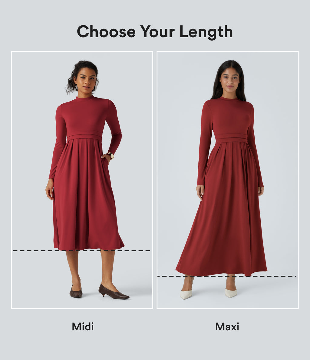 Mock Neck Ruched Long Sleeve Midi Casual Dress with Pockets — Emboldened — view 2