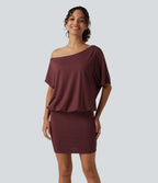 One Shoulder Short Sleeve Built-in Bra Asymmetrical Bodycon Casual Mini Dresses — New Maroon — view 3