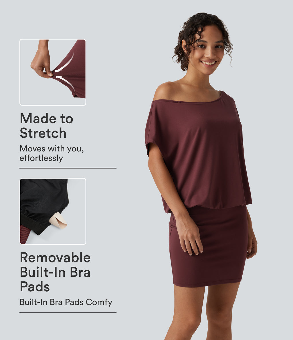 One Shoulder Short Sleeve Built-in Bra Asymmetrical Bodycon Casual Mini Dresses — New Maroon — view 1
