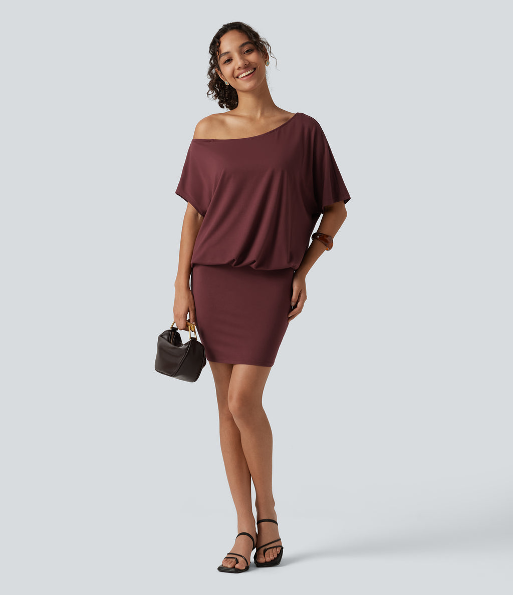 One Shoulder Short Sleeve Built-in Bra Asymmetrical Bodycon Casual Mini Dresses — New Maroon — view 7