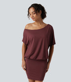 One Shoulder Short Sleeve Built-in Bra Asymmetrical Bodycon Casual Mini Dresses — New Maroon — view 4