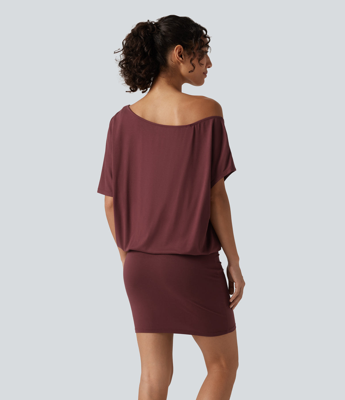 One Shoulder Short Sleeve Built-in Bra Asymmetrical Bodycon Casual Mini Dresses — New Maroon — view 2