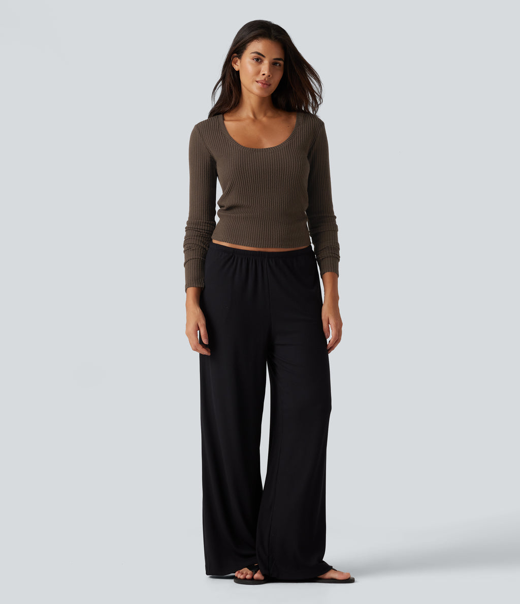 Ribbed Knit U Neck Long Sleeve Lounging Top — Field Brown — view 7