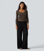 Ribbed Knit U Neck Long Sleeve Lounging Top — Field Brown — view 7