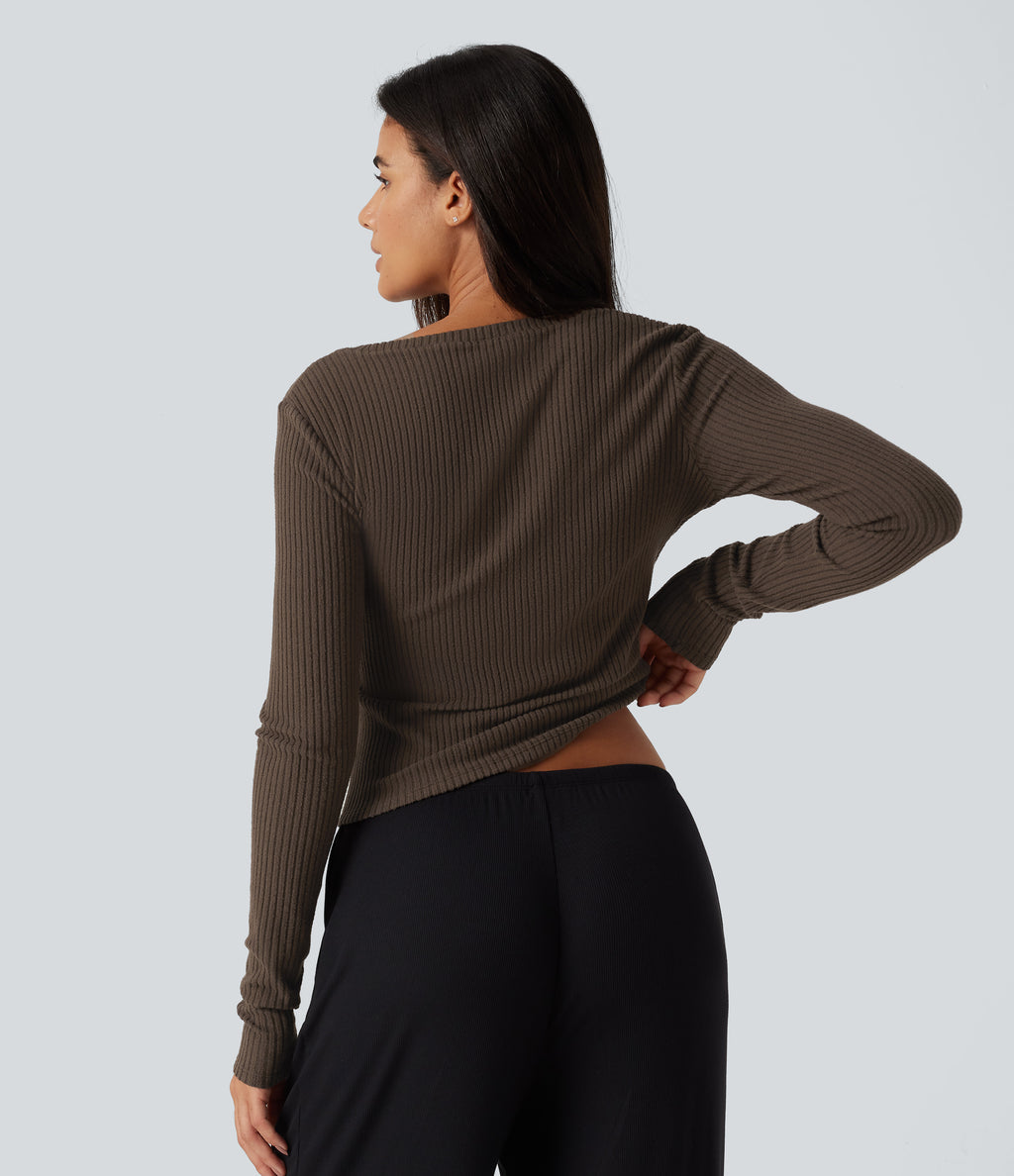 Ribbed Knit U Neck Long Sleeve Lounging Top — Field Brown — view 2