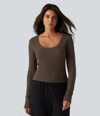 Ribbed Knit U Neck Long Sleeve Lounging Top — Field Brown — view 1