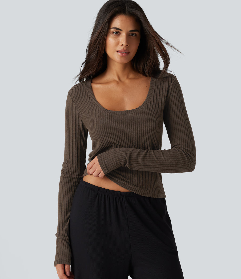 Ribbed Knit U Neck Long Sleeve Lounging Top — Field Brown — view 4