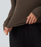 Ribbed Knit U Neck Long Sleeve Lounging Top — Field Brown — view 6