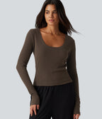 Ribbed Knit U Neck Long Sleeve Lounging Top — Field Brown — view 5