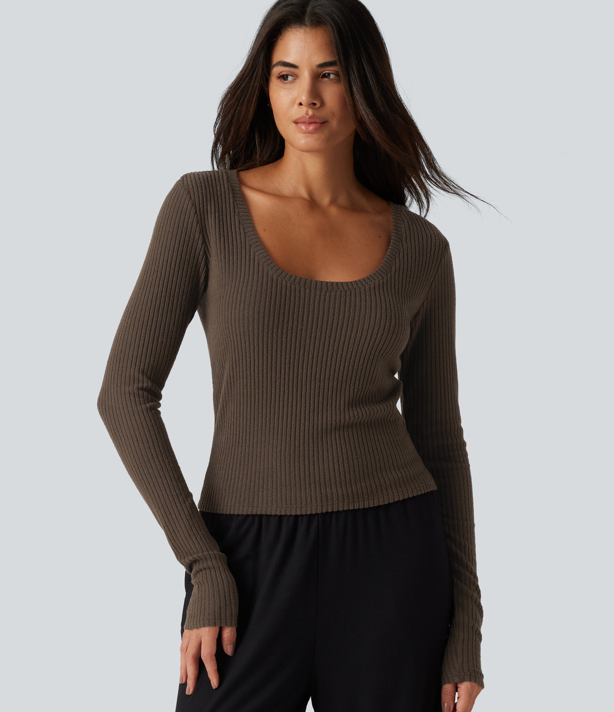Ribbed Knit U Neck Long Sleeve Lounging Top — Field Brown — view 5