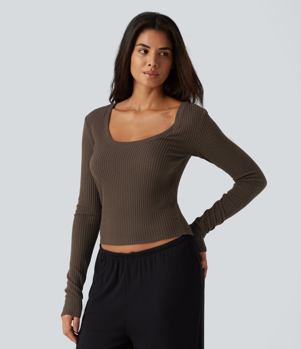 Ribbed Knit U Neck Long Sleeve Lounging Top — Field Brown — view 3