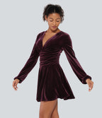 V Neck Ruched Long Bishop Sleeve Velvet Mini Party Dress — Dusky purple — view 3