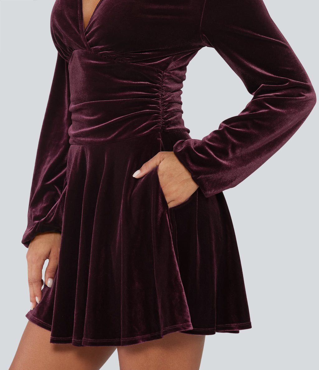 V Neck Ruched Long Bishop Sleeve Velvet Mini Party Dress — Dusky purple — view 5
