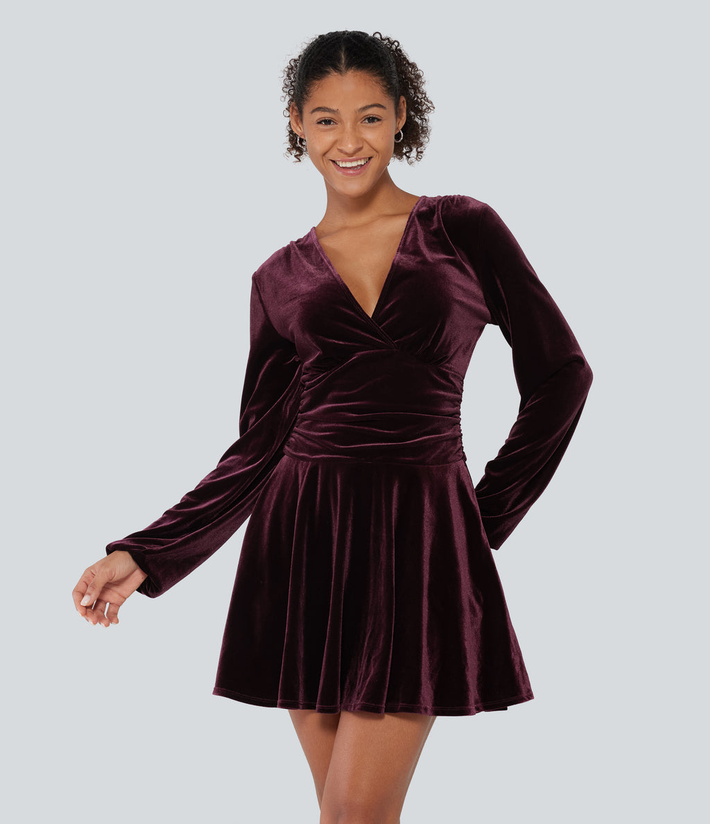 V Neck Ruched Long Bishop Sleeve Velvet Mini Party Dress — Dusky purple — view 1