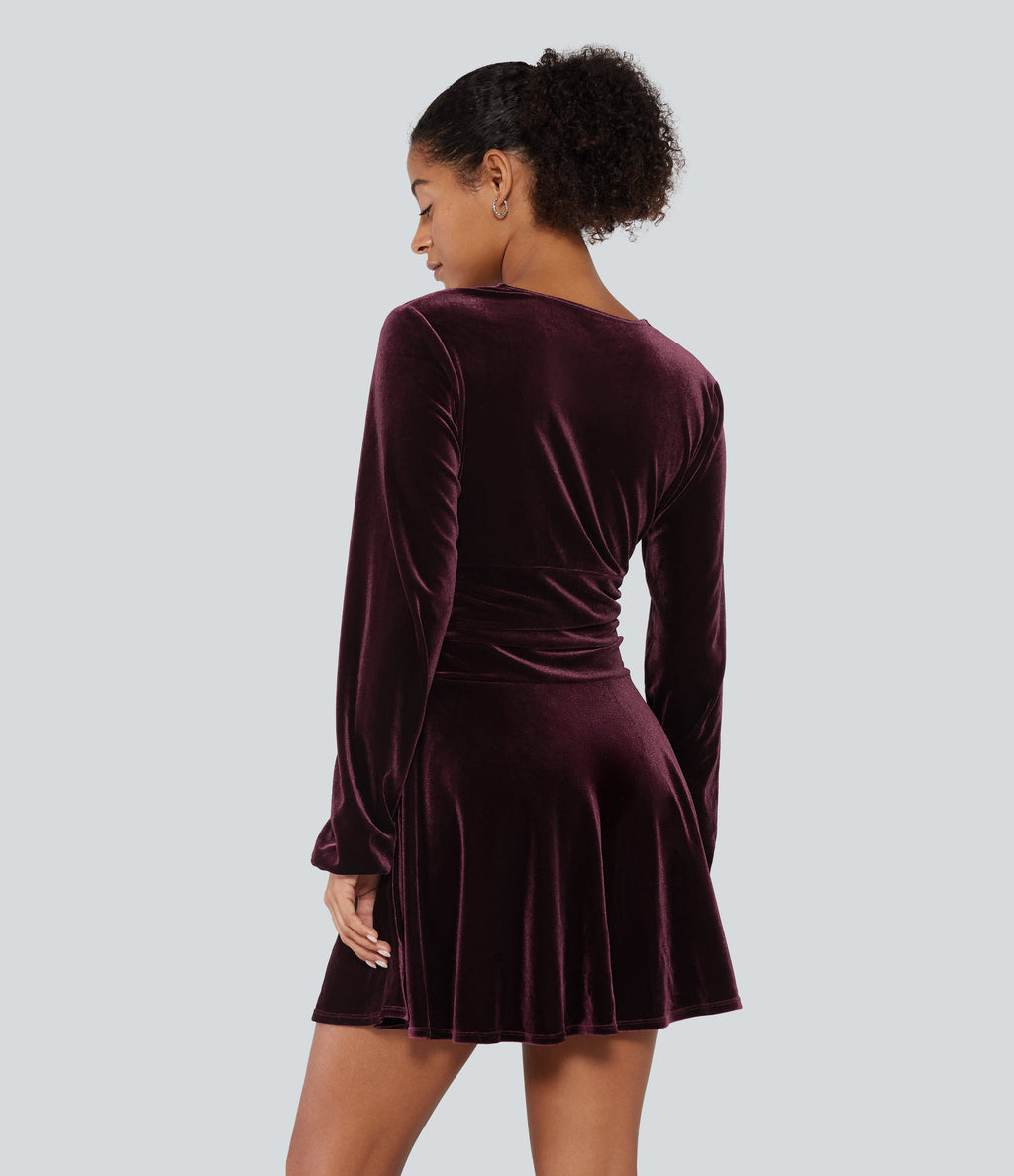V Neck Ruched Long Bishop Sleeve Velvet Mini Party Dress — Dusky purple — view 2