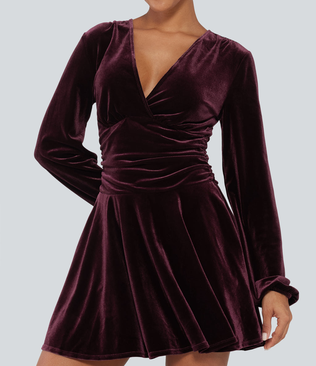 V Neck Ruched Long Bishop Sleeve Velvet Mini Party Dress — Dusky purple — view 4