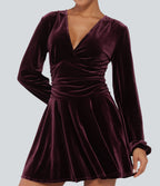 V Neck Ruched Long Bishop Sleeve Velvet Mini Party Dress — Dusky purple — view 4