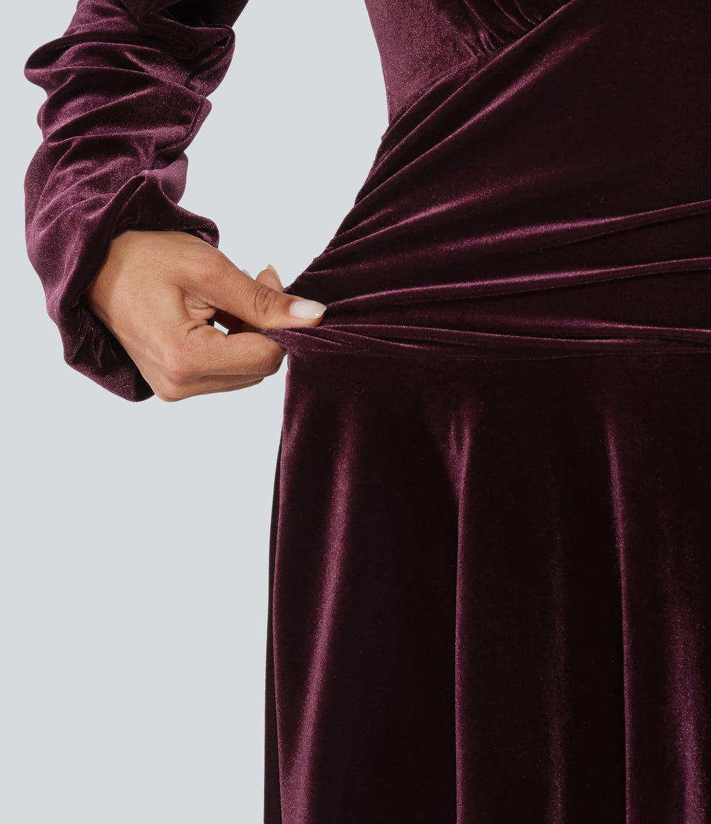 V Neck Ruched Long Bishop Sleeve Velvet Mini Party Dress — Dusky purple — view 6