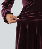 V Neck Ruched Long Bishop Sleeve Velvet Mini Party Dress — Dusky purple — view 6