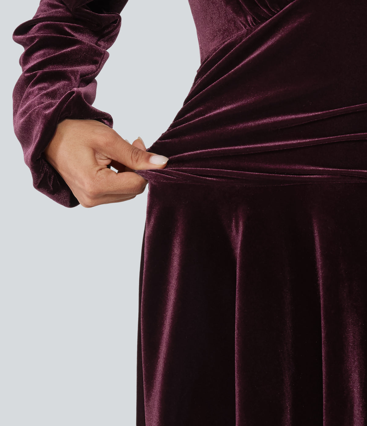 V Neck Ruched Long Bishop Sleeve Velvet Mini Party Dress — Dusky purple — view 6