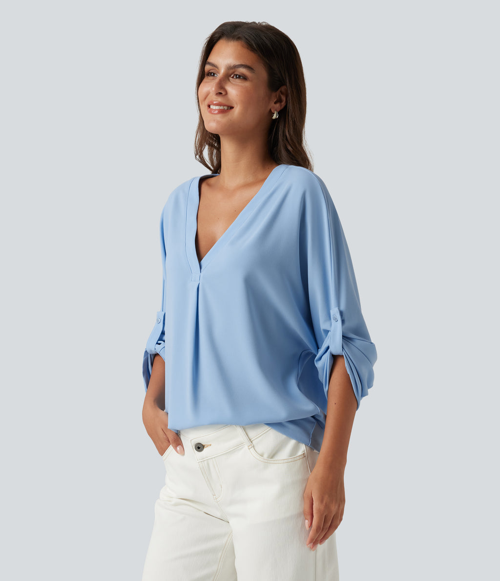 V Neck Batwing Long Sleeve Work Blouse — Dutch Canal — view 4